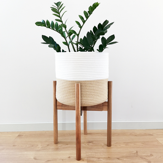 The plant stand and beige plant pot cover is the perfect boho accessory for your plants. These plant decor are handmade from natural materials - cotton rope and wood, making them an eco-friendly and sustainable boho option for your housing plants in your living room, kitchen, bedroom, or anywhere in your house.