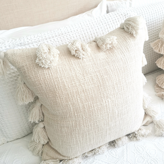 Textured boho throw pillow for minimalist bedroom decor