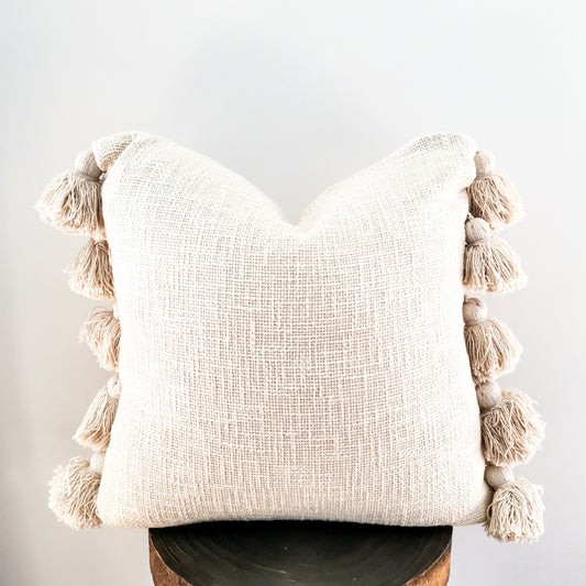 Boho white cushion with tassel made from 100% cotton
