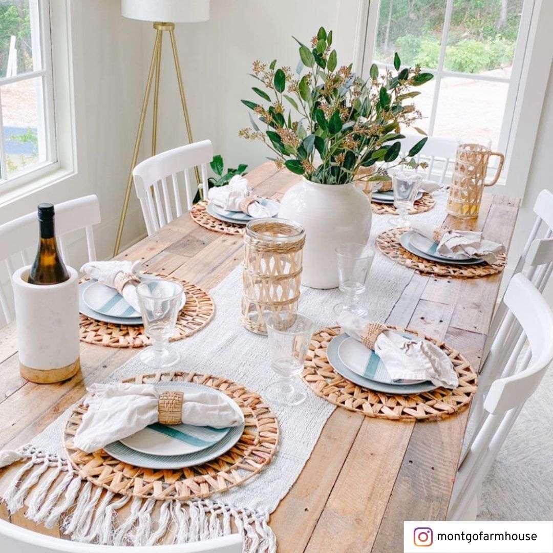 Summer tablescape with greeneries and rattan placemats
