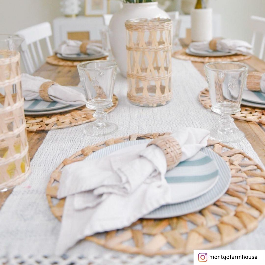 Round handwoven natural seagrass placemats for dining and kitchen table.