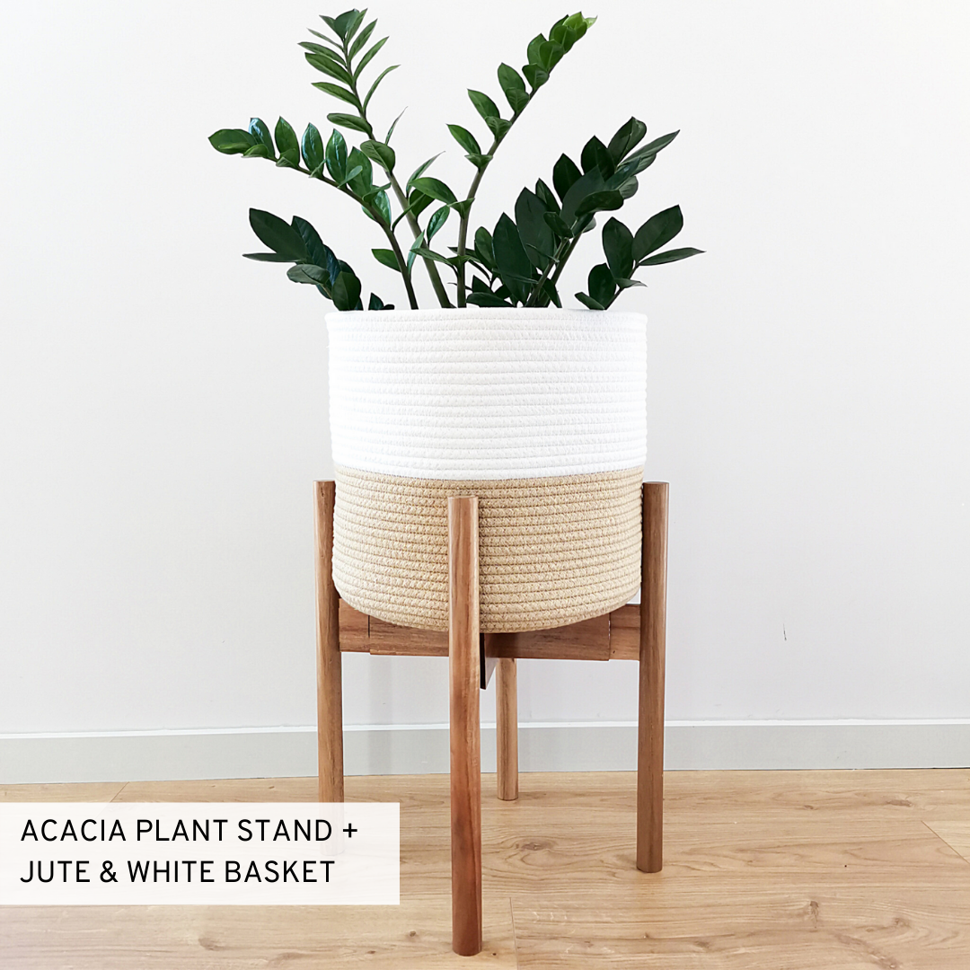 Mid-century indoor plant basket and plant stand made from organic cotton and natural wood. Perfect for boho, rustic bedrooms and interiors.