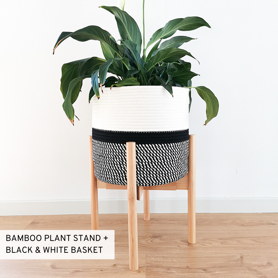 Bamboo Mid Century Plant Stand (Adjustable) + Black & White Pot Basket + Jute, Black & White Pot Basket