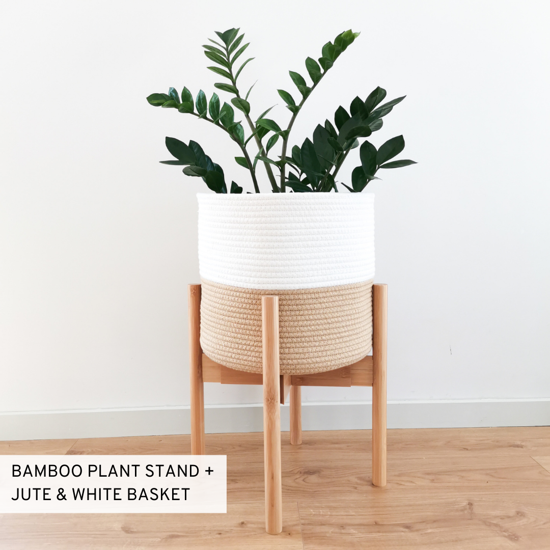 Bamboo Mid Century Plant Stand (Adjustable) + Black & White Pot Basket + Jute, Black & White Pot Basket