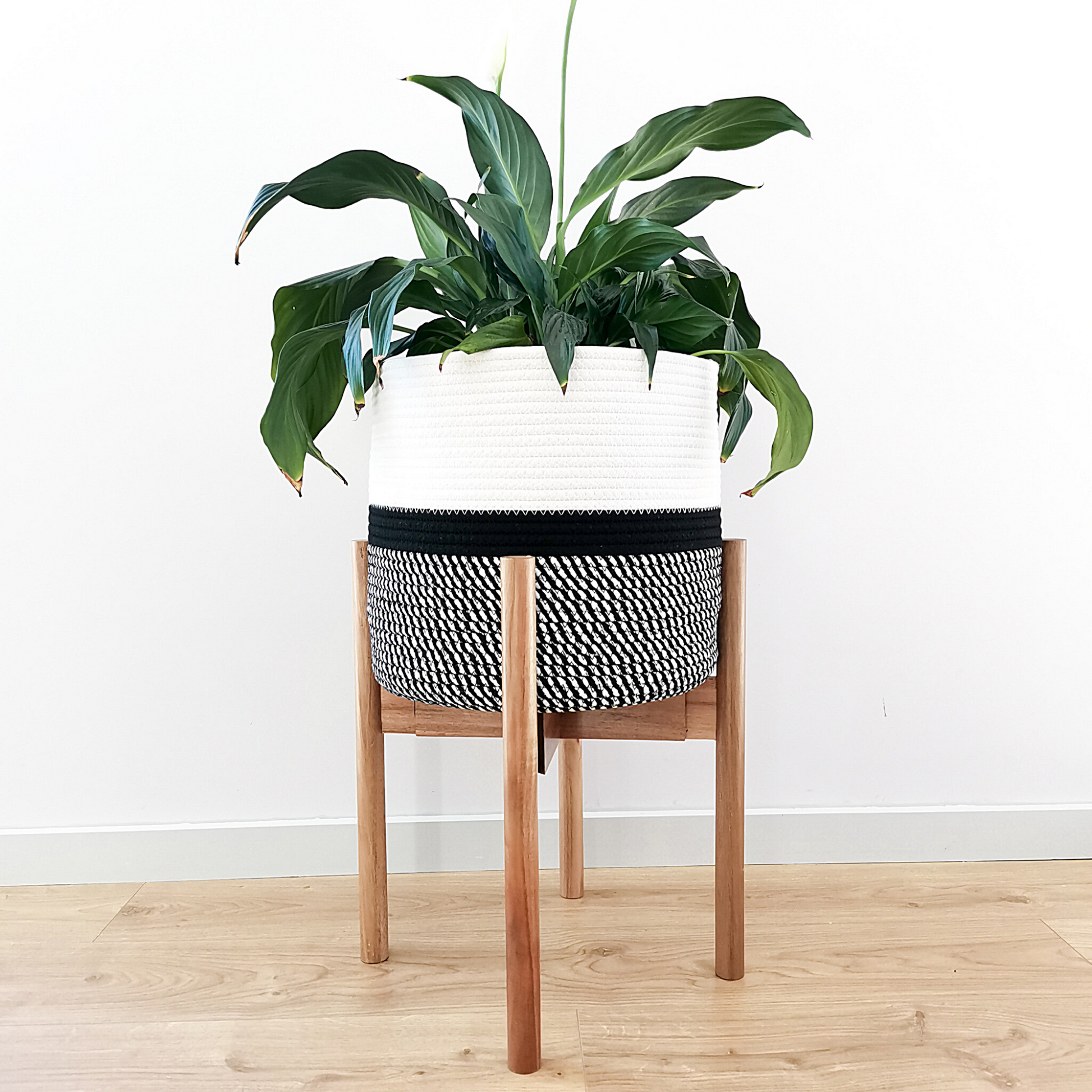 Acacia Mid Century Plant Stand (Adjustable) + Black & White Pot Basket