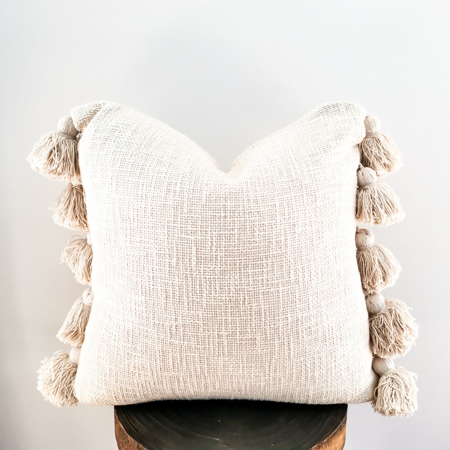 Boho white cushion with tassel made from 100% cotton