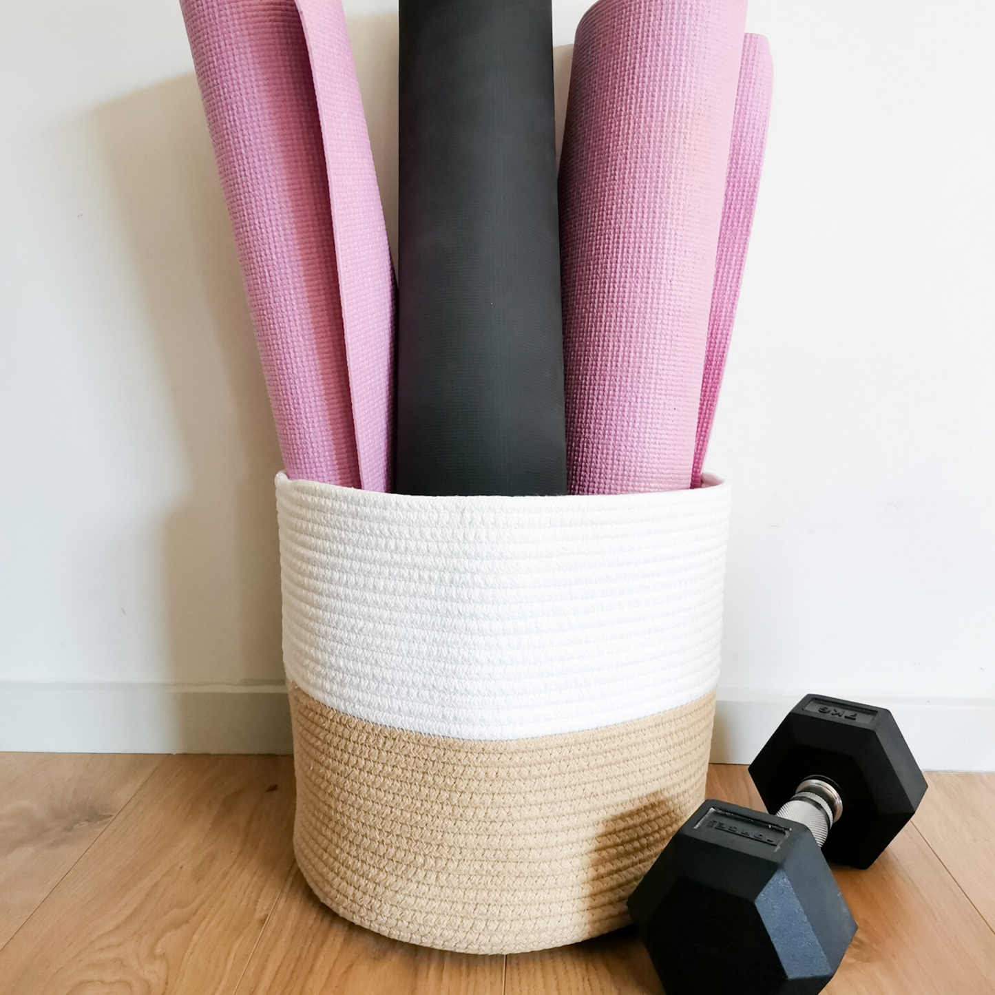 Sturdy handwoven cotton rope baskets for storing gym equipment, kids' toys, yoga mats, laundry, rugs, magazines. Multi-functional and beautiful storage basket.