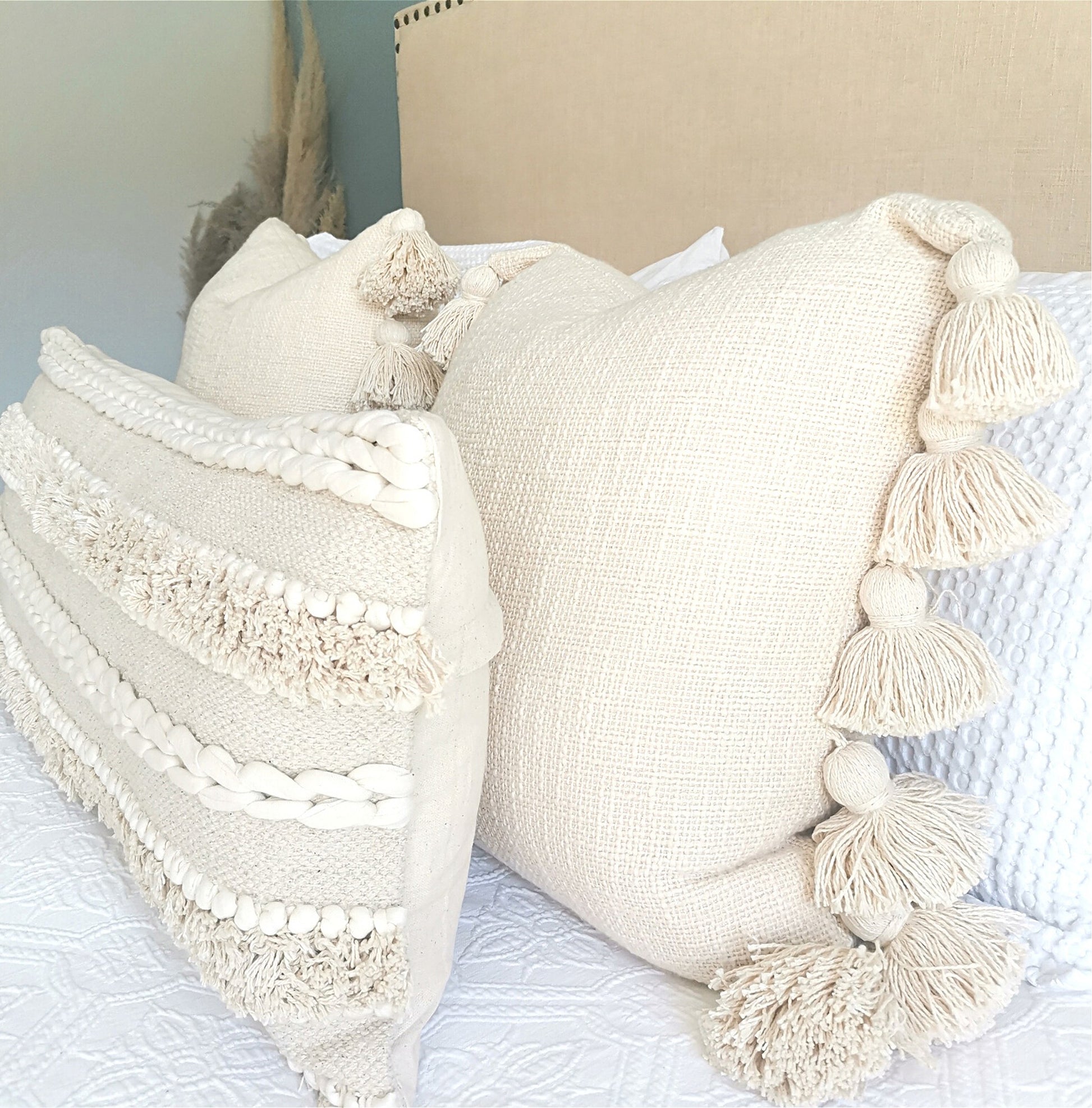 Cream ivory white bohemian lumbar cushion; decorative lumbar pillow