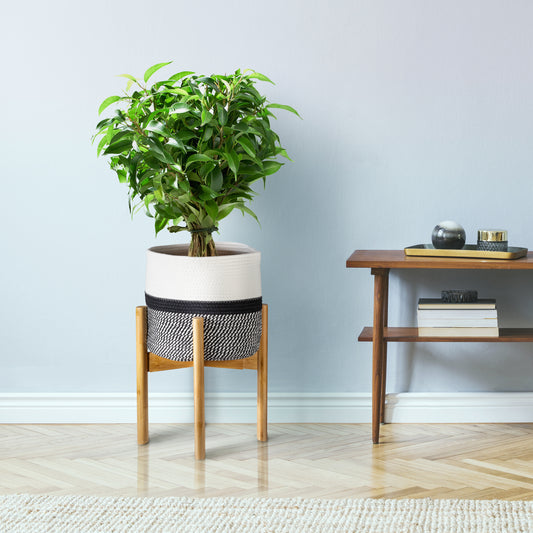 Sturdy plant stand and plant basket that can last a long time and can hold pots of different sizes and weight. Blends in to different interior design in the house or office.